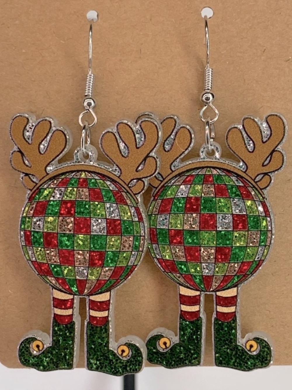 Festive Christmas Disco Ball, Elf Shoes & Reindeer Antlers Acrylic Earrings